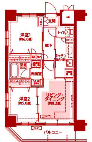 フロール横浜三ツ沢 3番館(2LDK/1階)の間取り写真