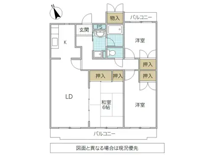 スパニッシュコート千波 B棟(3LDK/1階)の間取り写真