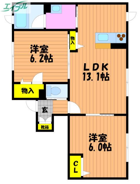 サンク・エール(2LDK/1階)の間取り写真