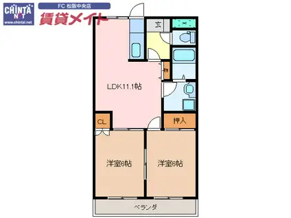 グリーンシャトー(2LDK/2階)の間取り写真