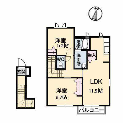 ヴィラシーン神辺B棟(2LDK/2階)の間取り写真