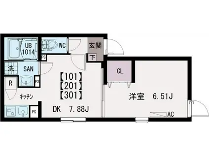 イクシオ竹の塚(1DK/3階)の間取り写真