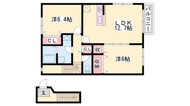 グランドゥールB(2LDK/2階)の間取り写真