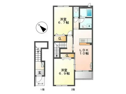 ラ・グリュ(2LDK/2階)の間取り写真