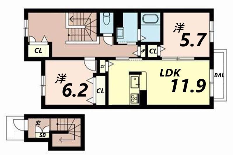 シャンティ夢前B(2LDK/2階)の間取り写真