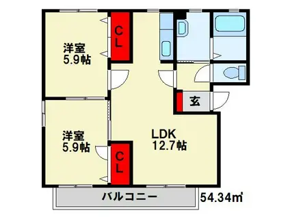 ハイツ四季の里B棟(2LDK/2階)の間取り写真