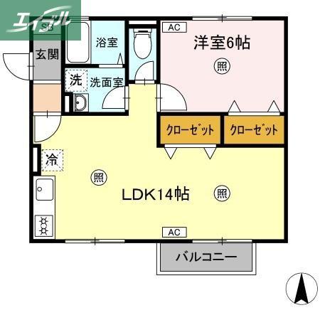 ベルデュールB棟(1LDK/1階)の間取り写真