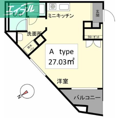 シャンティ医大前(1K/3階)の間取り写真