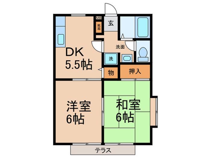 メリーゲートB棟(2DK/1階)の間取り写真