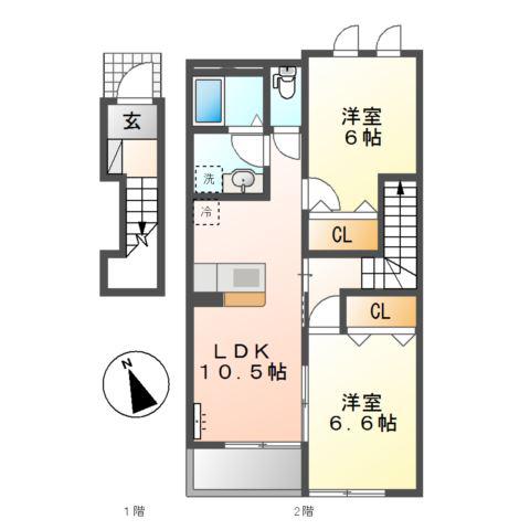 ヴィラ アマーブレス(2LDK/2階)の間取り写真