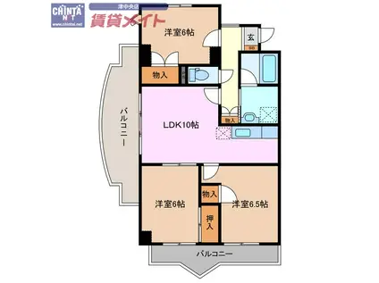 シャトーカワイ(3LDK/4階)の間取り写真