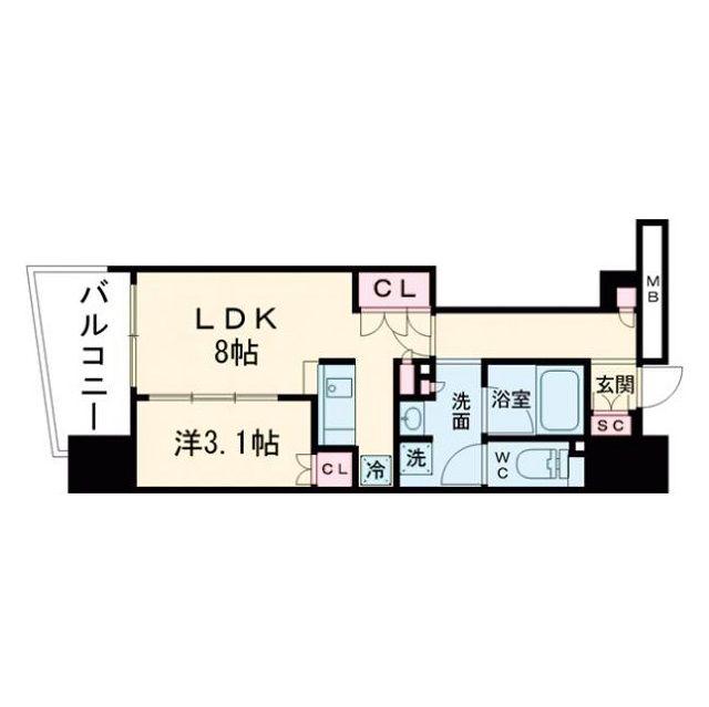 コンフォリア・リヴ本町ウエストQ(1LDK/11階)の間取り写真