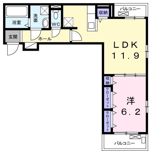 ヴァレンティア若江本町(1LDK/2階)の間取り写真