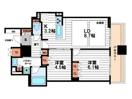 クレヴィアタワー御堂筋本町(2LDK/10階)の間取り写真