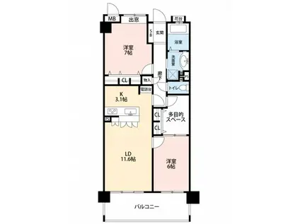 モントーレ久留米セントラルパーク(2LDK/3階)の間取り写真