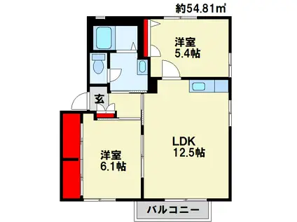 ディアスウエスト  B棟(2LDK/1階)の間取り写真