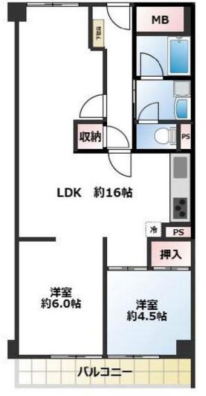 ユニハイツ朝霧(2LDK/4階)の間取り写真