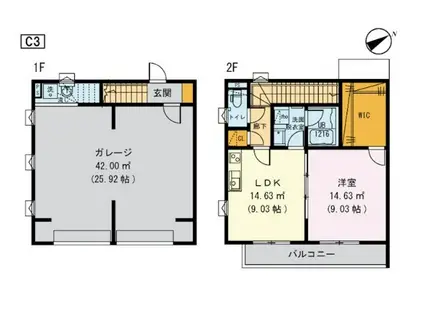 グランディールC棟(1LDK/1階)の間取り写真