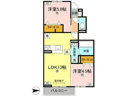 オリエンタルコ一ト南田宮(2LDK/1階)の間取り写真