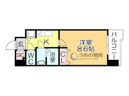 S-RESIDENCE久留米六ツ門ABRイーストII(1K/9階)の間取り写真