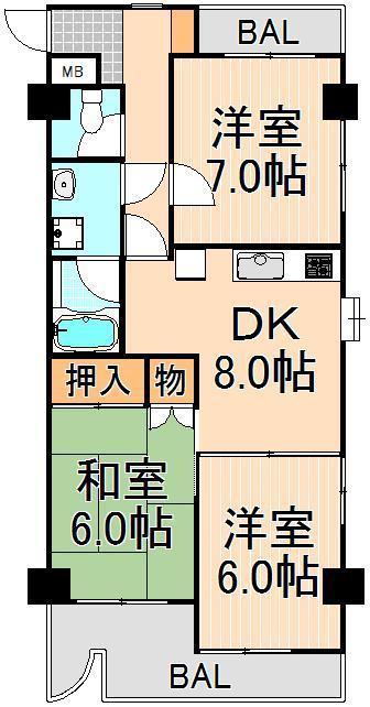 スカイハイツYOSHIMI(3DK/6階)の間取り写真