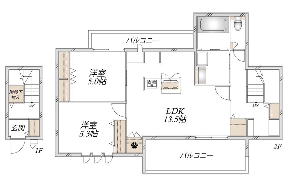 稲城市押立ヘーベルメゾン(2LDK/2階)の間取り写真