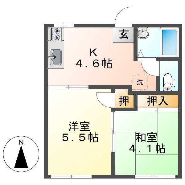 ハイツあかね B棟(2K/1階)の間取り写真