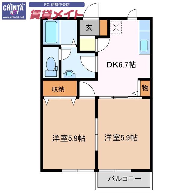 パールハウス B(2DK/2階)の間取り写真