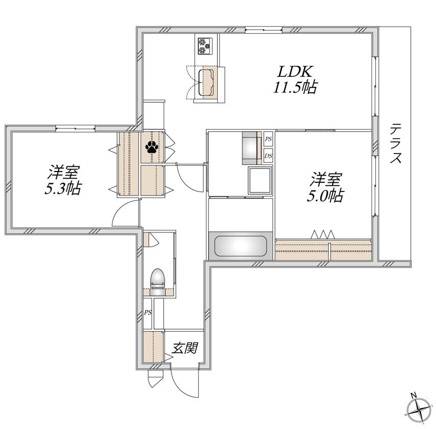 稲城市押立ヘーベルメゾン(2LDK/1階)の間取り写真