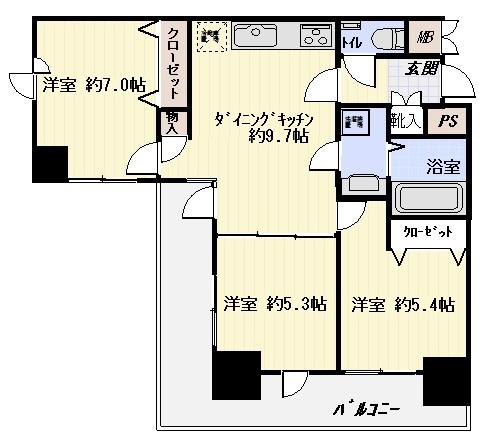 マートルコート調布III(3DK/9階)の間取り写真