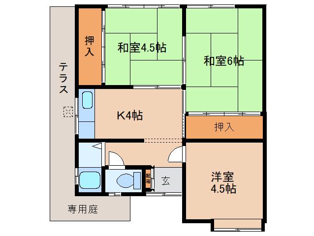 近鉄生駒線 菜畑駅 徒歩8分 1階建 築57年(3K/1階)の間取り写真