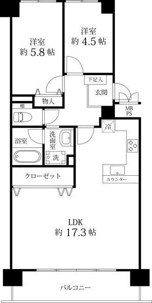 ライオンズマンションいりなかガーデン(2LDK/5階)の間取り写真
