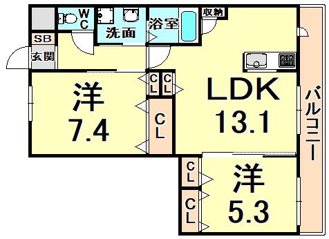 CUORE武庫川(2LDK/2階)の間取り写真