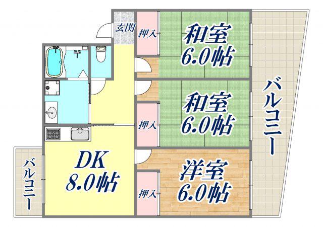 西宮ハイムⅢ(3LDK/3階)の間取り写真