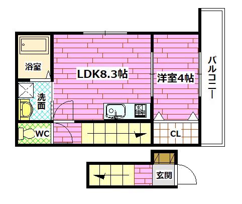 ロイヤルヴィラ向洋 A棟(1LDK/2階)の間取り写真