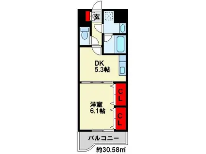 ニューシティアパートメンツ南小倉II(1DK/6階)の間取り写真