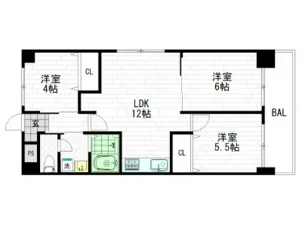 川崎ビル(3LDK/5階)の間取り写真