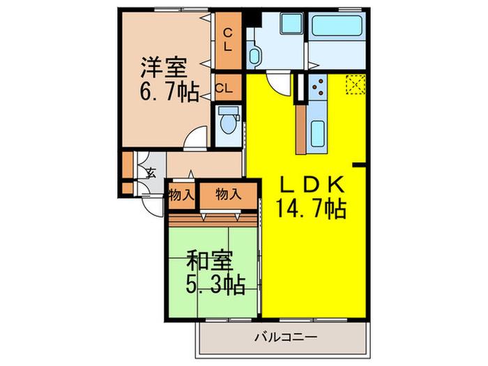 ドミール箕面(2LDK/2階)の間取り写真