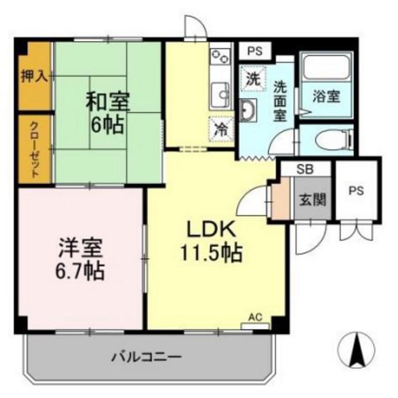 グランデュール高柳 B棟(2LDK/2階)の間取り写真