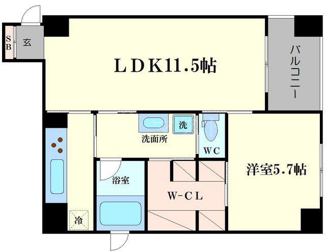 ルクレ堺筋本町レジデンス(1LDK/9階)の間取り写真