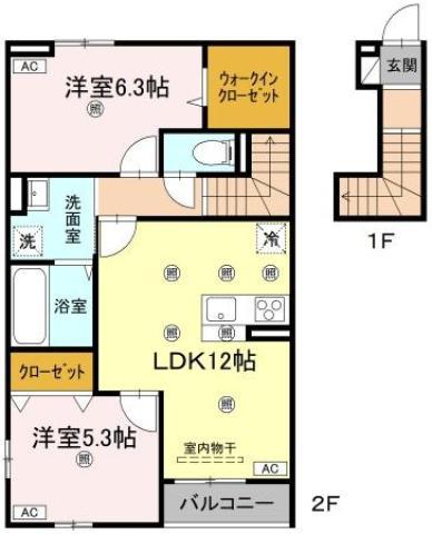 グランツ上福万 B棟(2LDK/2階)の間取り写真