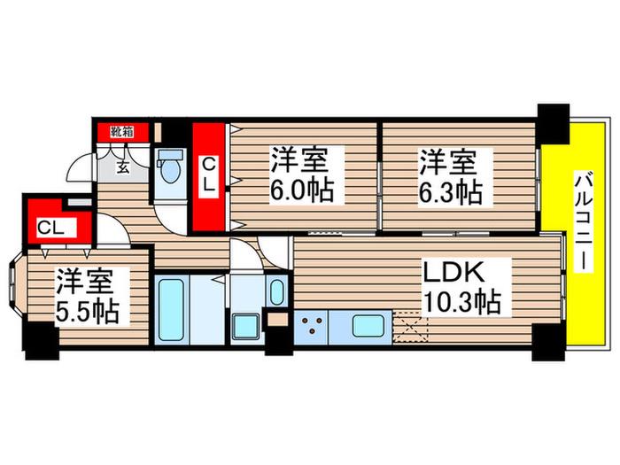 ライオンズマンション稲毛(3LDK/3階)の間取り写真
