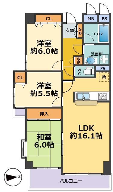 ヴェルビュ西宮学文殿(3LDK/4階)の間取り写真