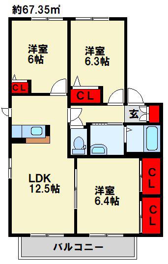 パーク・ヴィレッジB棟(3LDK/2階)の間取り写真