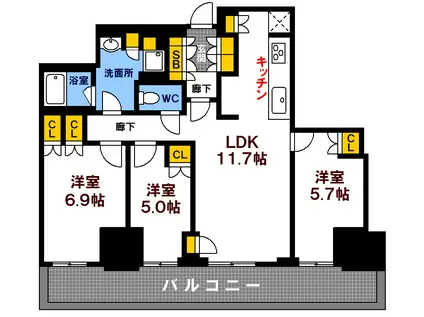 グランクロスタワー広島 アイコート(3LDK/5階)の間取り写真