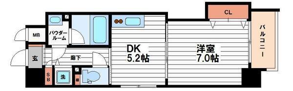 プレ上本町(1DK/9階)の間取り写真