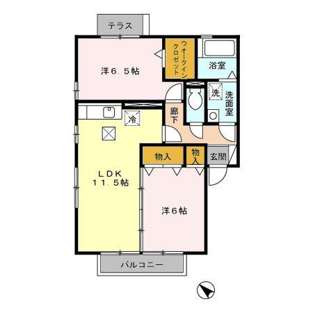 グリーンヒルK-II B棟(2LDK/1階)の間取り写真