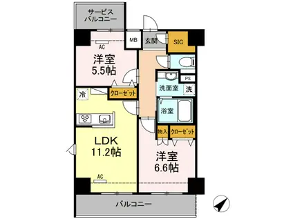 ノーブルボヌール(2LDK/6階)の間取り写真