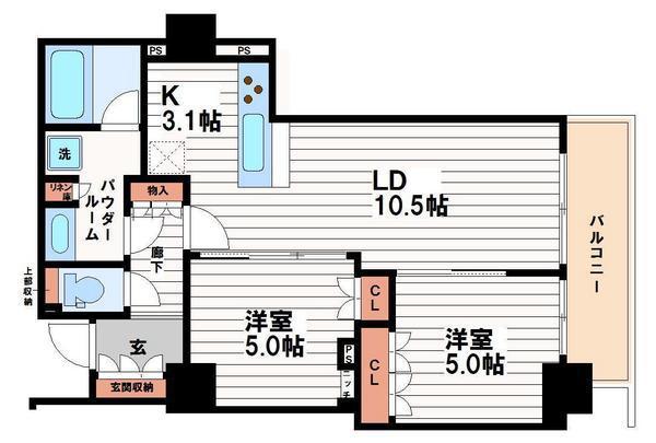 ブランズタワー・ウェリス心斎橋サウス(2LDK/6階)の間取り写真