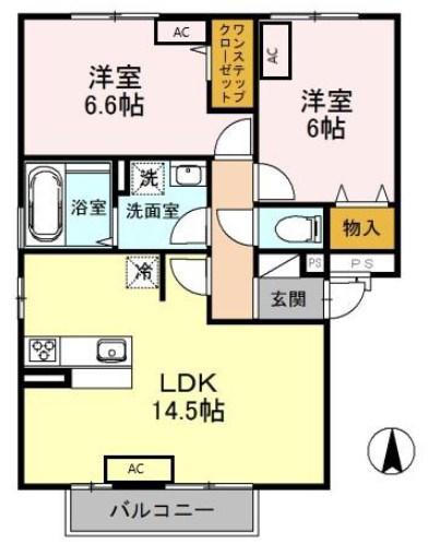 アヴェニール浜(2LDK/2階)の間取り写真